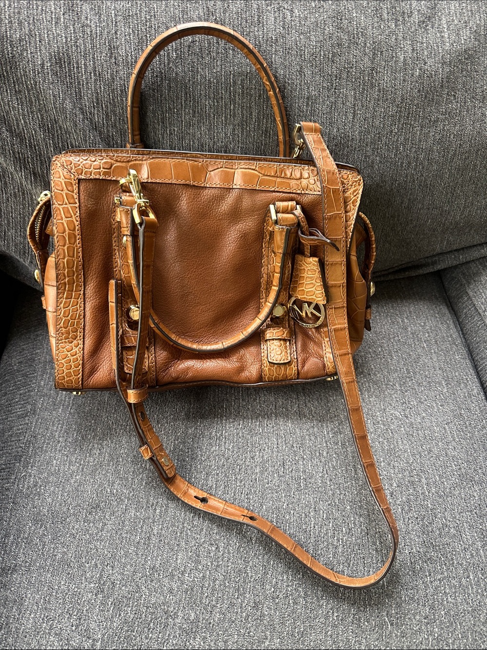 Michael Kors Brown Croc-Trim Leather Satchel with Crossbody Strap